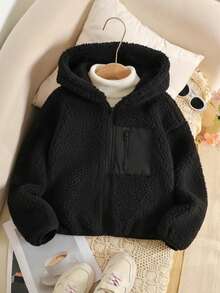 SHEIN Tween女孩Tankini冬季黑色羊羔絨夾克，保暖內裡拉鍊連帽外套附口袋，優雅抓絨毛絨大尺寸毛衣，適合學校與戶外穿著 - 黑色 - 查看 5
