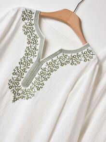 Rusticease Women's Floral Embroidery V-Neck Long Sleeve Shirt And Wide Leg Pants Casual 2-Piece Set Winter Two Piece Linen Set Blouse And Pants Set  Elegant Women's Sets - White - View 3