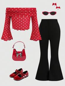 SHEIN Conjunto de Top de Manga Longa Assimétrica com Estampa de Onça e Calça Flare Casual para Meninas, Confortável e Minimalista - Multicolorido - Visão 2