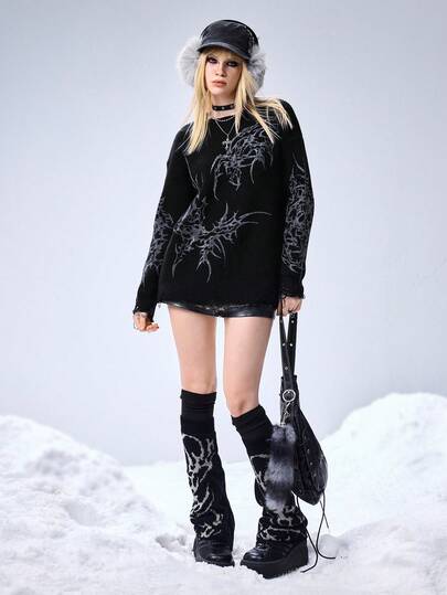 Grunge Punk Dark Punk Thorns Blurry Glow Print Women Pullover Sweater