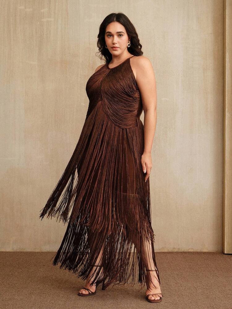 Plus Size Women's Bohemian Fringe Maxi Dress - Summer Music Festival Outfit, Graduation Ceremony And Wedding Guest Dress
