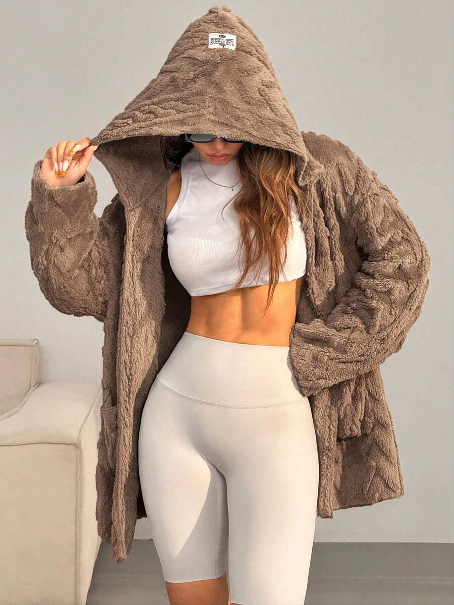 SHEIN EZwear Locker und lässiger weißer Fellmantel mit Taschen, Drop-Shoulder und Kapuze für den Winter mit langen Ärmeln - Kaffeebraun - Übersicht 1