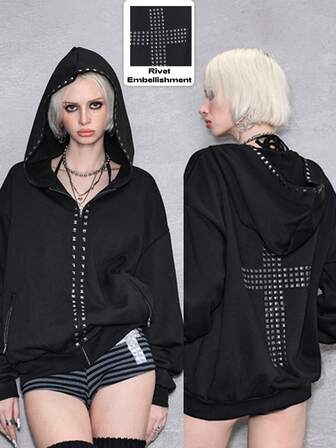 ROMWE Avant Y2K Punk Kpop Nieten Kreuz Rückendesign einfarbiger lässiger weiter Pullover