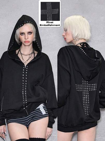 ROMWE Avant Felpa casual oversize di colore unito con design a croce e borchie, stile punk Y2K e Kpop