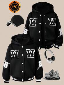 SHEIN ChillGRL 男童连帽外套，黑色长袖上衣，胸前和袖子印有图案，罗纹袖口和下摆，纽扣开合，时尚休闲百搭，适合秋冬季外出、购物、通勤、度假，可搭配牛仔裤、运动裤。 - 黑色 - 查看 5