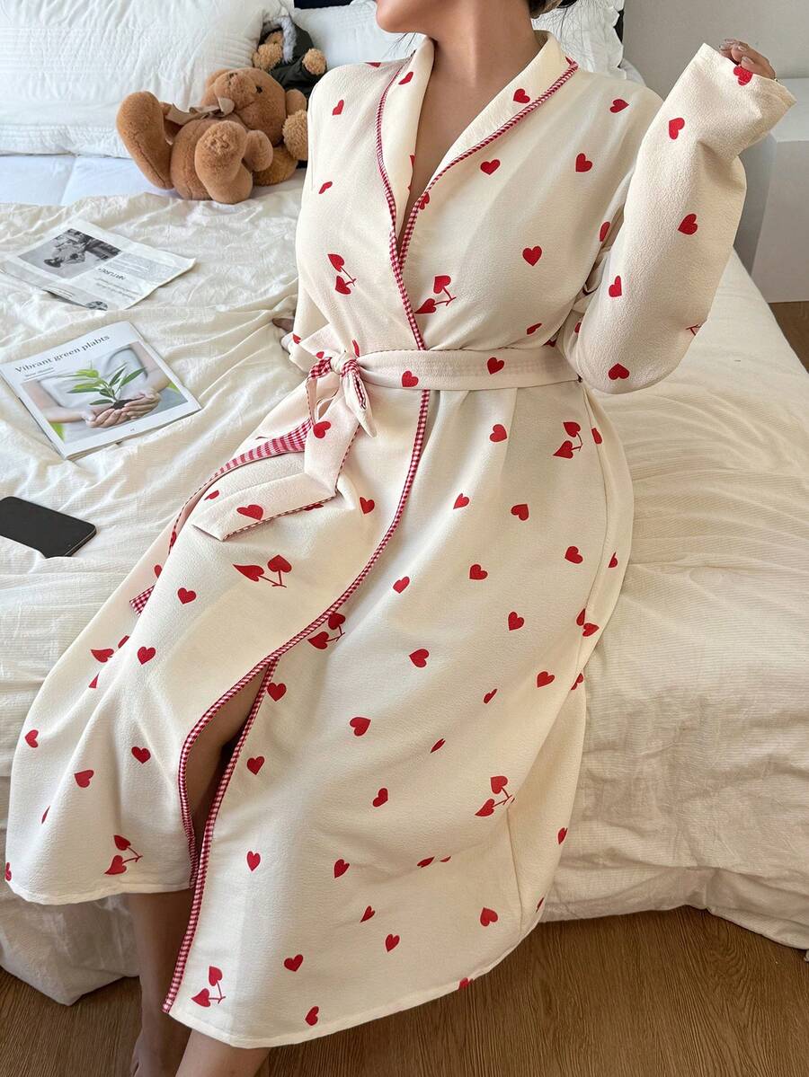 Dream Adore Plus Size Women Red Plaid Patchwork Lapel Heart Print Long Robe Heart Print Robe Pajamas Gown For Woman Suitable For Valentine's Day - Apricot - View 1