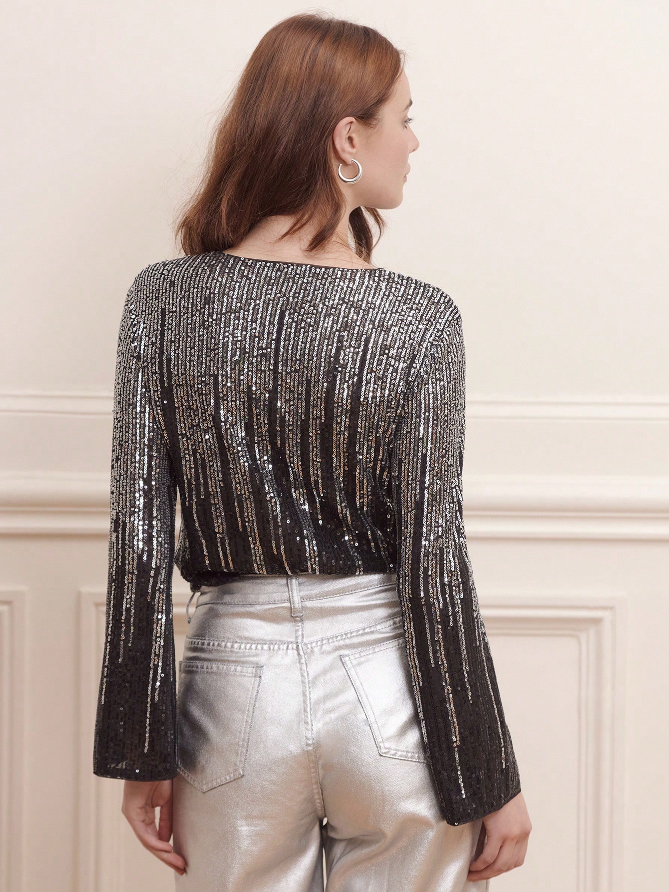 Blusa con mangas acampanadas de lentejuelas degradadas de plata y negro, vintage, para fiestas, Navidad e invierno