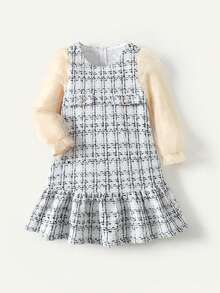 Maija Kids Young Girl Tweed Black & White Plaid Round Neck Long Sleeve Casual 2 In 1 Dress - Multicolor - View 1