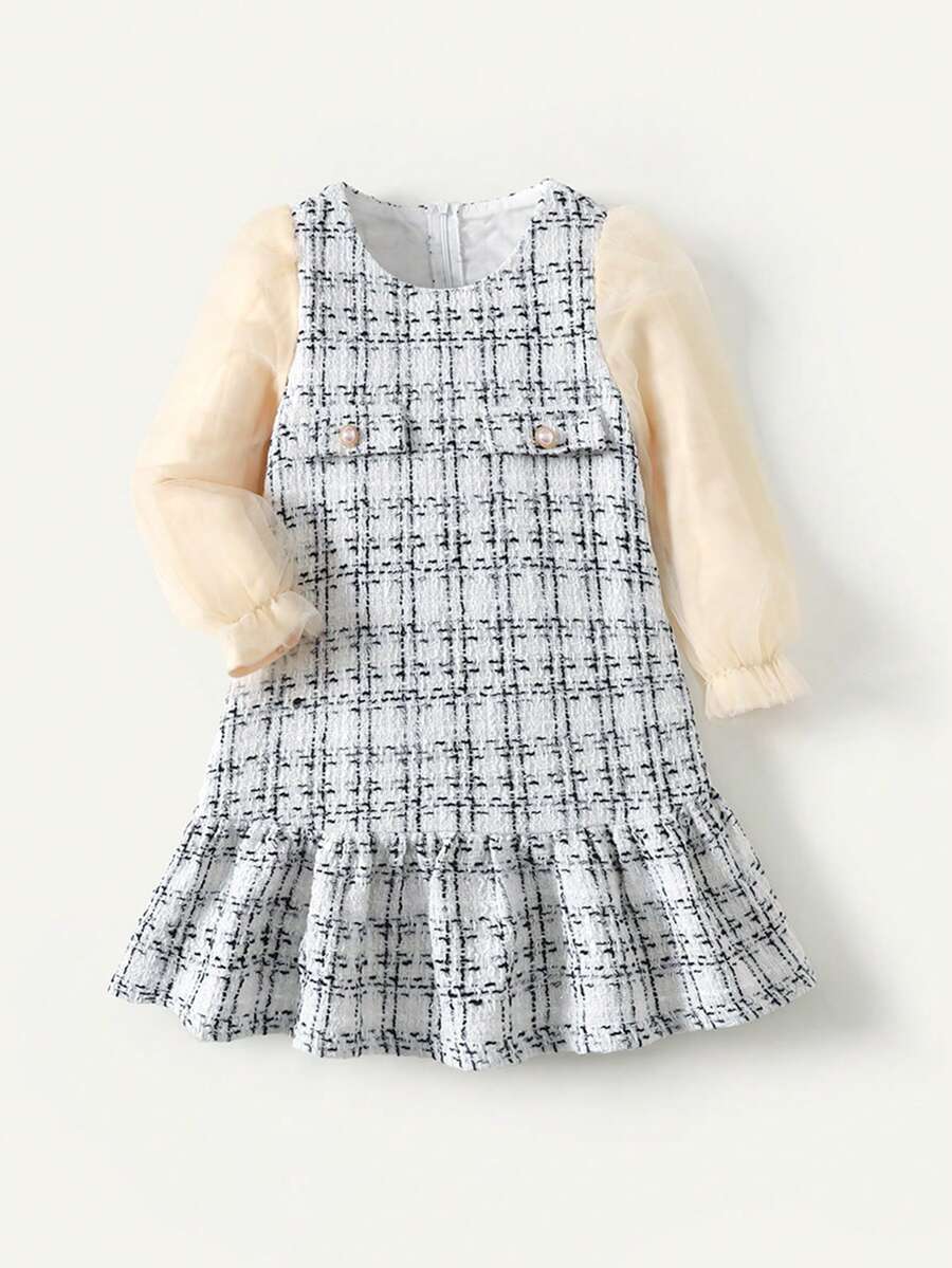 Maija Kids Young Girl Tweed Black & White Plaid Round Neck Long Sleeve Casual 2 In 1 Dress - Multicolor - View 1
