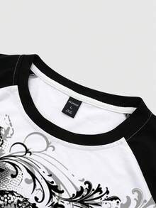 ROMWE MEN Goth Men's Raglan Sleeve T-Shirt, Classic And Stylish, Front Skull & Cross Print With Dark Elements - Black and White - View 4