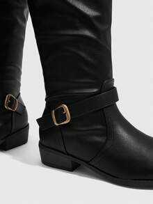 Daringsoles Women's Buckle Design Fashion Everyday Pleated Chunky Heel Knee-High Boots - Black - View 4