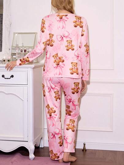 SweetSlumber Schattige Ins Bear Bow Cartoon Pattern Round Neck Women Pajama Set view 2