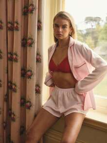 Aralina Sleepwear Women's Satin Contrast Piping Detail Sleep Button Through Shirt And Short Matching Two Pieces Set, Christmas And Valentine's Cute Pajamas - Pink - View 8