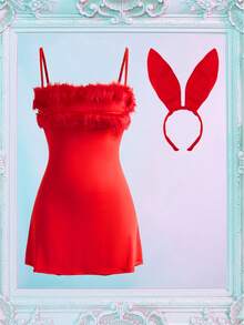 2pcs Women's Sexy Cosplay Costume Dress Set (Dress + Headpiece) - Red - View 1