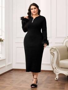 Modelyn Große Größen Damen Pailletten 3D Blumen Dekor Splice Flauschige Manschette Figurbetontes elegantes Strickkleid - Schwarz - Übersicht 5
