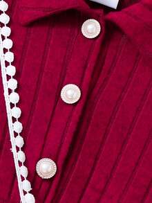Girls' Retro Sweet Vertical Striped Dress, Collar Pearl Button Waist Pleated Skirt (With Lace Chain Pearl Small Bag) - Burgundy - View 8