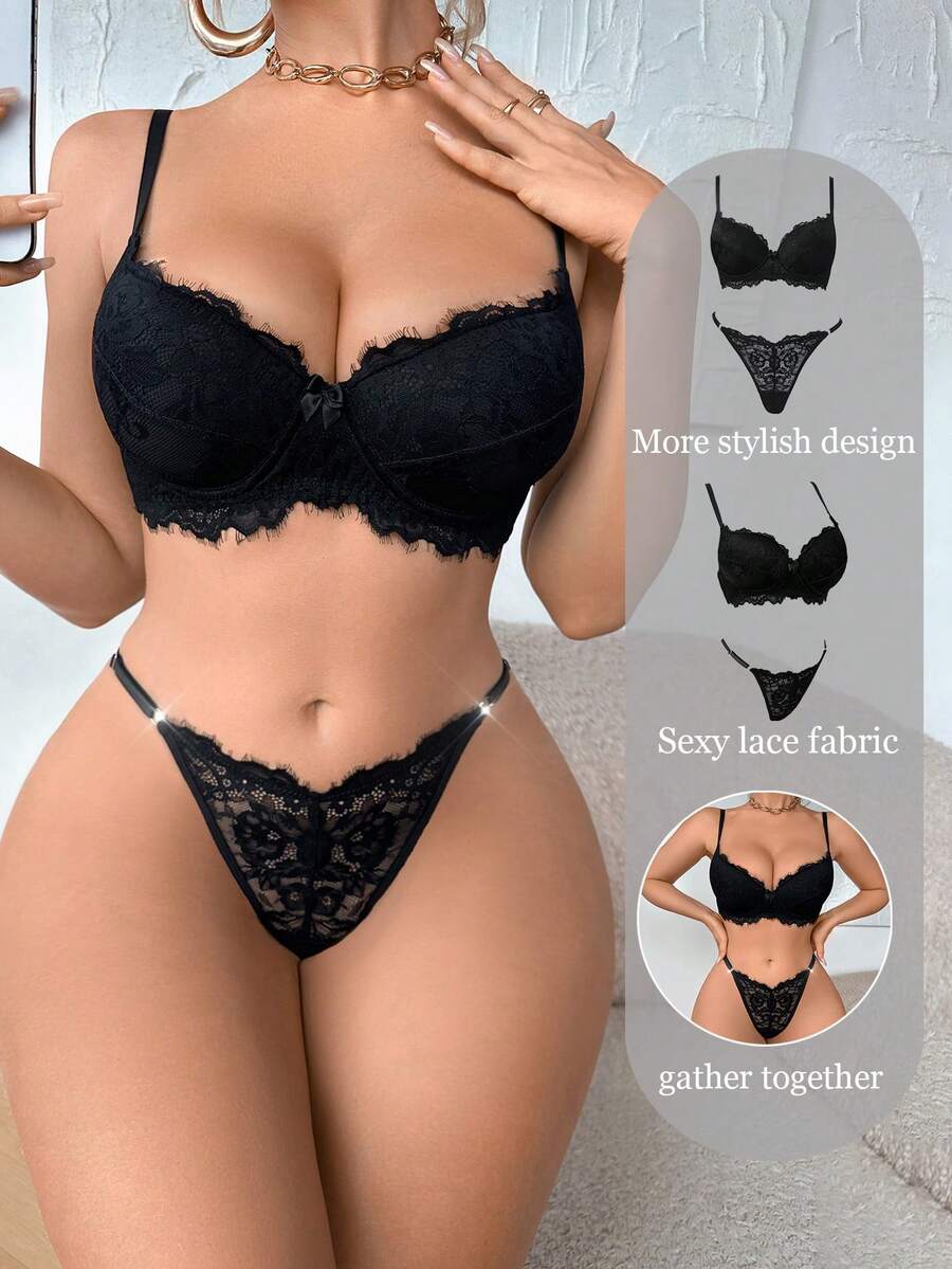 DesireSculpt 1 Bộ đồ lót ren đen chắp vá + Áo ngực đệm không thể tháo rời + Quần lót lọt khe cho nữ, Bộ đồ lót 2 món mặc hàng ngày - màu đen - Xem 1