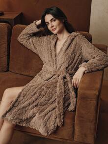 Anewsta Animal Ear Hooded Fluffy Robe In Plush Jacquard, For Fall Winter - Mocha Brown - View 7