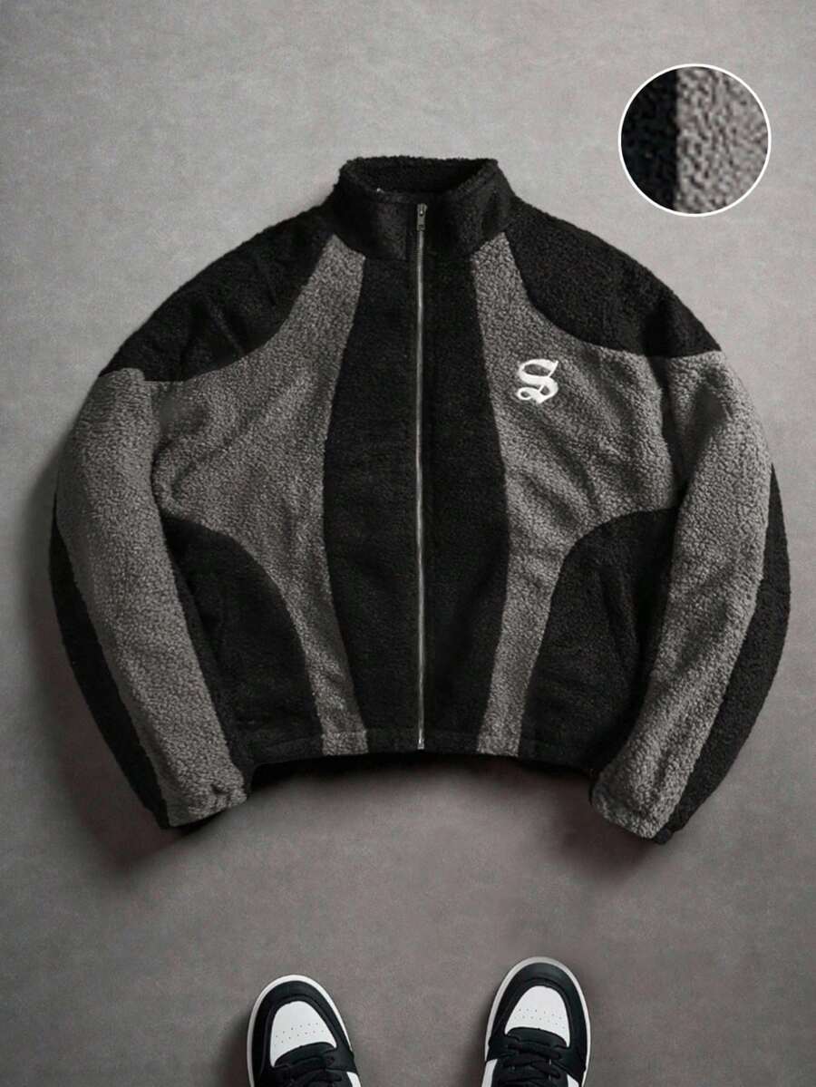 PAVTROS Manfinity Streetrush Men's Casual Street Style Contrast Color Teddy Fleece Zip-Up Jacket,Men's Contrast Color Teddy Fleece Zip-Up Jacket, Black And Gray Patchwork Embroidered Streetwear, Autumn And Winter Outerwear, INS Streetwear, Halloween Clothing, Men Clothes, Men Jacket&Coats, Unisex Style, Rapper Clothing, Boy Friend Gifts, Teddy Velvet, Fleece - Multicolor - View 1