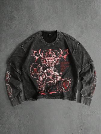 Street Life Camiseta de manga larga con lavado desgastado para hombre, corte holgado