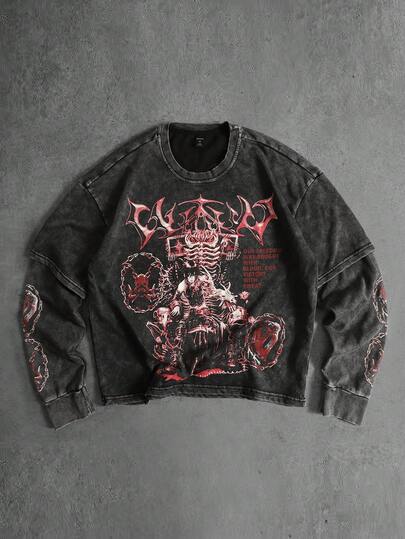 Street Life Camiseta de manga larga con lavado desgastado para hombre, corte holgado