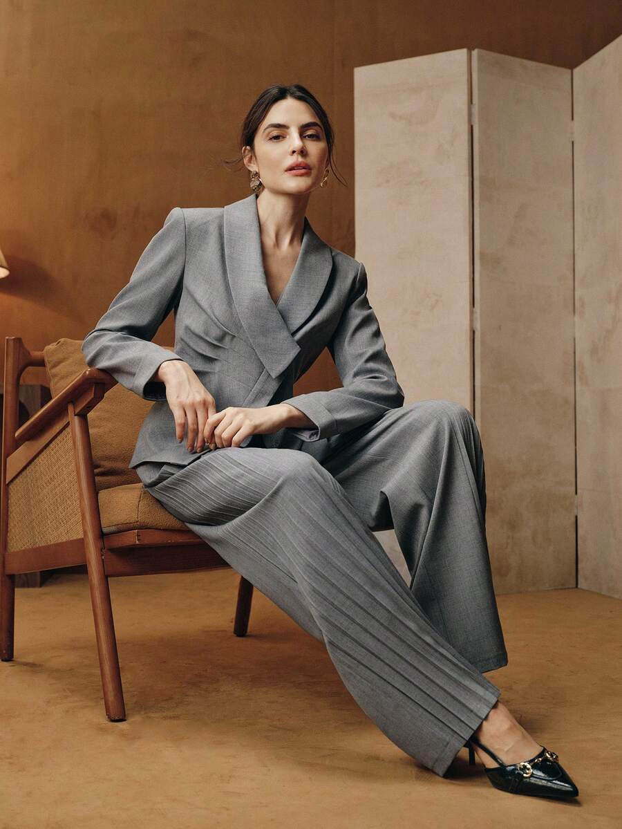 Anewsta Women's Modern Elegant Side Pleated Flare Pants With Metal Belt Decoration, Long Suit Pants - Grey - View 1