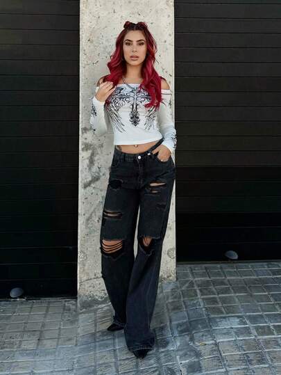 Bearsaez 女式前扣口袋简约破洞休闲牛仔裤