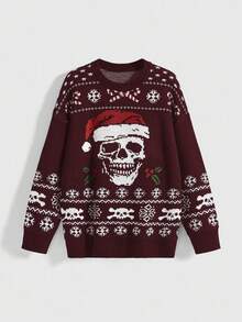 ROMWE Goth 哥特式圣诞骷髅头圣诞老人帽宽松套头毛衣 - 酒紅色 - 查看 7
