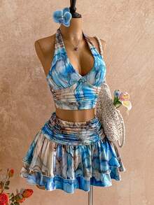Soleia Women's Beach Vacation Printed Halter Neck & Skirt 2 Pieces Set Summer Two Piece Set Vacation Beach Two Piece Set Beach Skirt Set Tropical Two Piece Set Boho Two Piece Set,Date Outfit, Party Outfit,Marble Print Set,Blue Set Vacation Outfits Woman Skirt Set Summer Skirt Set Summer Two Piece Set Women - Blue - View 7