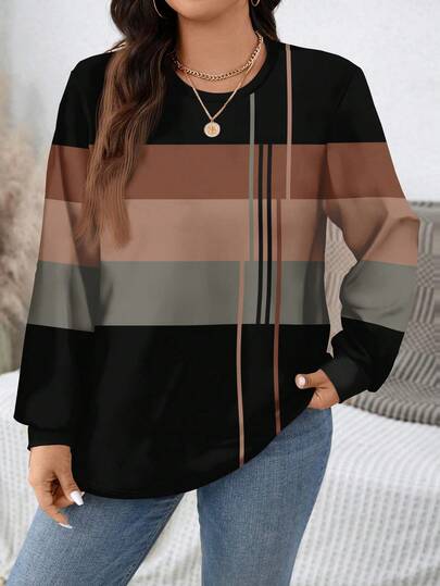 EMERY ROSE Felpa casual con scollo a equipaggio, con stampa a righe tricolore in stile preppy, vestibilità morbida, adatta per taglie comode, ideale come capo invernale per donne, per occasioni come la Festa degli Insegnanti, ritorno a casa e festival musicali.