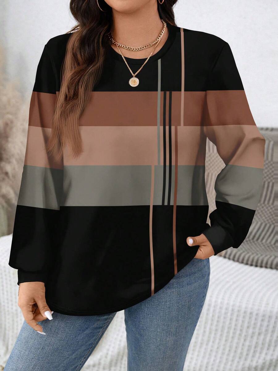 EMERY ROSE Preppy-inspirierter kontrastierender Dreifarbstreifen monochromer gestreifter Muster, lässig, locker geschnittener Rundhals-Sweatshirt, Große Größen Winteroberteil für Frauen Pullover für Frauen Tops, Große Größen Damenmode für Lehrertag, Homecoming und Musikfestivals. - Verschiedenfarbig - Übersicht 1