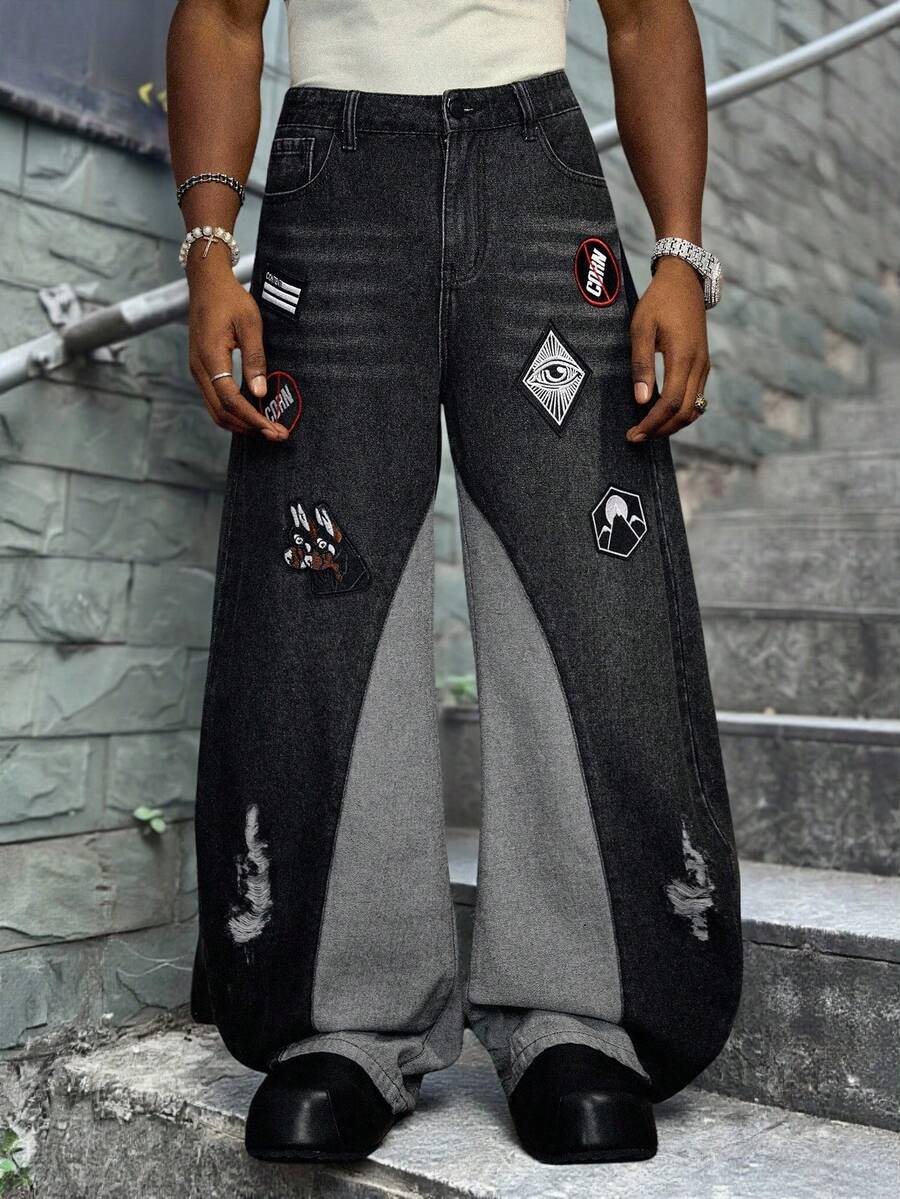 PAVTROS Quần Jeans Ống Rộng Rộng Họa Tiết Chắp Vá Thời Trang Đường Phố Cho Nam, Quần Jeans Baggy Họa Tiết, Dành Cho Giáng Sinh - màu đen - Xem 1