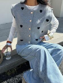 Siren Gaze 女士灰色针织背心，饰有心形刺绣，秋冬新品 - 灰色 - 查看 3