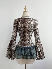 SHEIN Unity 女士短款V领褶皱腰部喇叭袖豹纹T恤，性感时尚，冬季款 - 棕色 - 查看 2