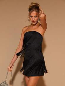 COSMINA 女士时尚派对流苏抹胸迷你连衣裙 - 黑色 - 查看 3