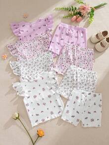 Souflis Souflis 8pcs/Set Baby Girls 0-3 Years Spring/Summer Casual Daily Wear Cute Ballet Girl Sleeveless Tee Shirt & Shorts 8pcs Outfit Set - Multicolor - View 2