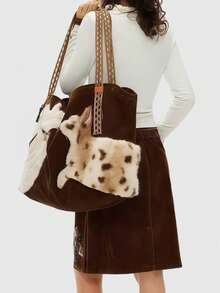 ROMWE Fairycore 1个棕色千禧宝贝复古刺绣猫咪图案独特编织肩带大容量多功能手提包，时尚简约百搭风格女士单肩包，适合通勤、上学、旅行、聚会、购物等场合。 - 棕色 - 查看 5