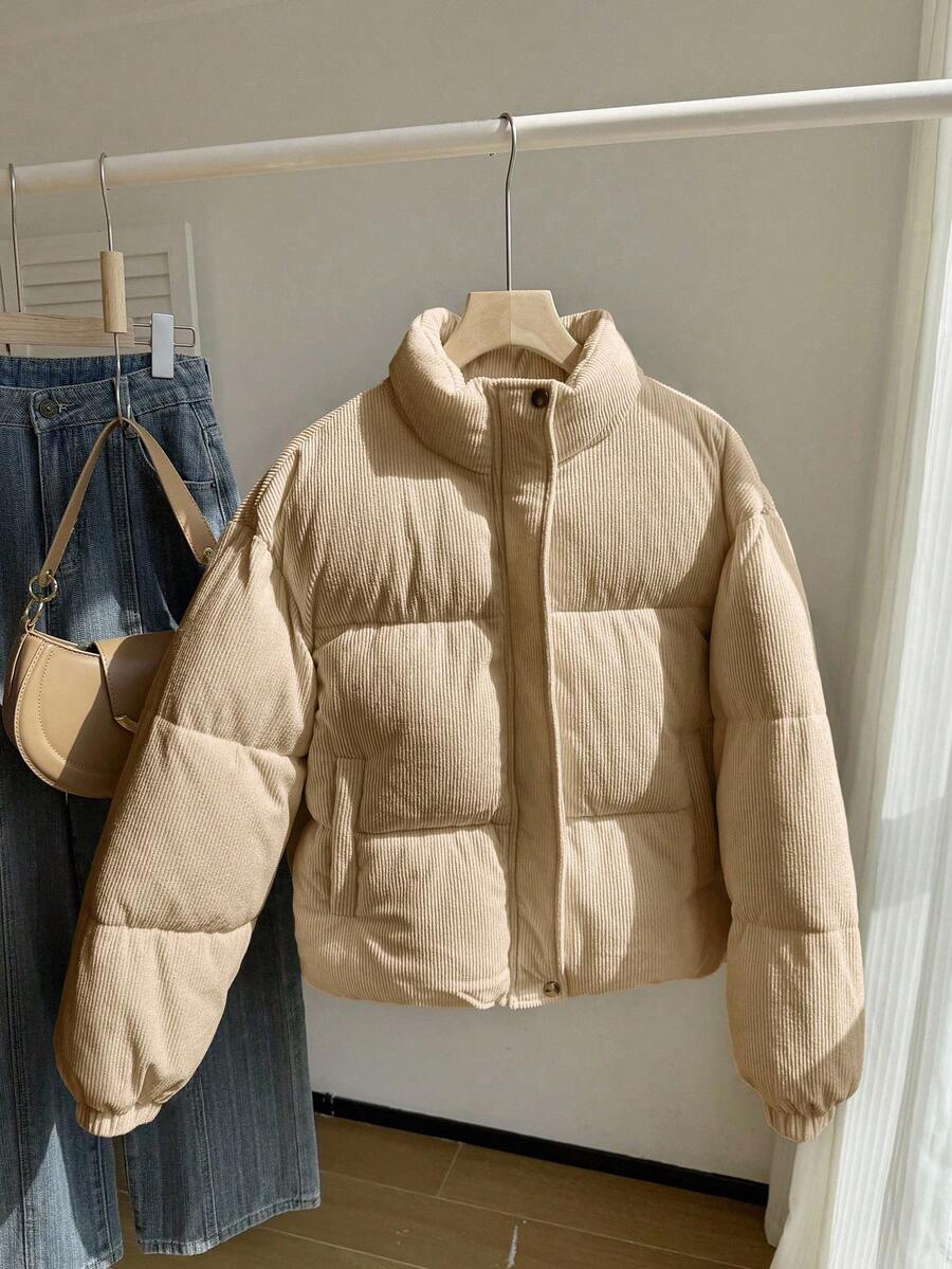 Modischer Stehkragen Cord Mantel mit Langarm und Polsterung, geeignet für Herbst/Winter, Oberbekleidung, stilvolle Silhouette für Teenager Mädchen - Braun - Übersicht 1