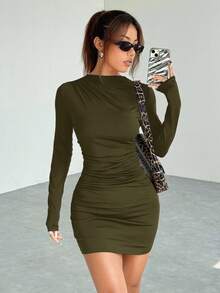 SHEIN EZwear Women's Simple Solid Color Ruched Body-Con Dress, Autumn Sexy Long Sleeve Dresslong Sleeve Black Dress Ruched Bodycon Dress Army Green Dress Women Women Long Sleeve Dress Olive Dress - Army Green - View 5