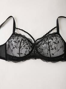 DesireSculpt 1pc Women's Wireless Mesh Embroidered Bra - Black - View 4