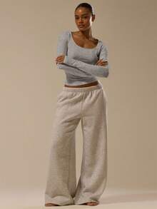 MUSERA ESSENTIALS Fitted Scoop Neck Long Sleeve Cotton Blended Top Classy Basic Sexy Spring Summer Holiday - Grey - View 5
