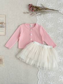 SHEIN Baby Girl Cute Pink Faux Fur Fabric Round Neck Long Sleeve 3-Layer Tulle Cake Dress Set, Versatile For Autumn/Winter - Pink - View 5