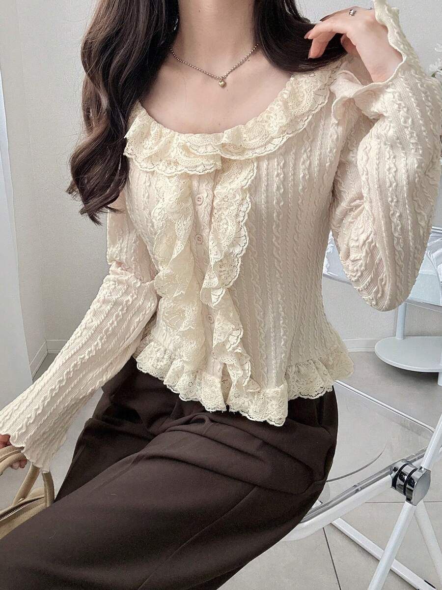 FRIFUL 女士撞色蕾丝荷叶边长袖纽扣前开襟时尚T恤 - 米色 - 查看 1