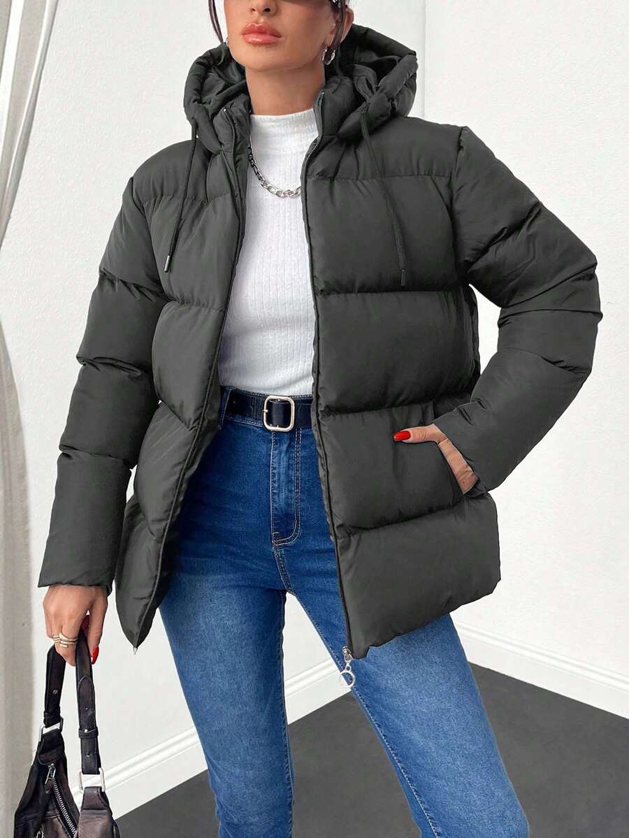 EURMUSE Casual Solid Color Hooded Jacket, Winter - Dark Grey - View 1