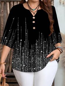 EMERY ROSE Plus Size Casual Notched Neck Half Sleeve Blouse With Random Print Design And Rhinestone Details,Spring/Summer/Vacation - Multicolor - View 7