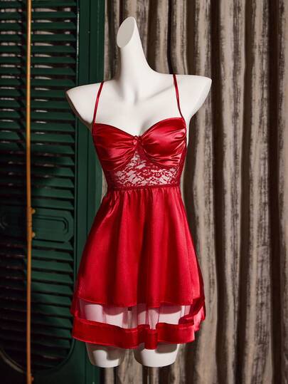 SilkySpell Verleidelijke Kanten Mesh Patchwork Bordeaux Slip Dress, Elegante Sleepwear Women view 7