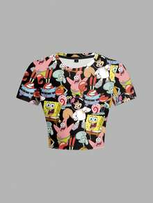 SpongeBob SquarePants | SHEIN Áo thun ngắn tay ôm sát họa tiết hoạt hình thời trang dành cho nữ, mùa hè - trắng - Xem 1