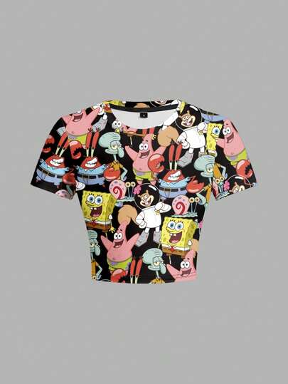 SpongeBob SquarePants | SHEIN Áo thun ngắn tay ôm sát họa tiết hoạt hình thời trang dành cho nữ, mùa hè
