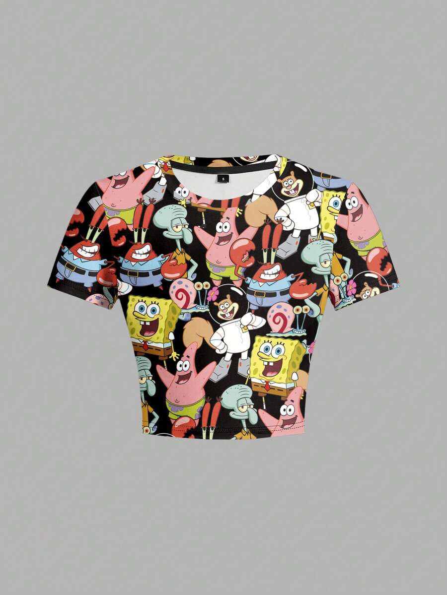 SpongeBob SquarePants | SHEIN Áo thun ngắn tay ôm sát họa tiết hoạt hình thời trang dành cho nữ, mùa hè - trắng - Xem 1