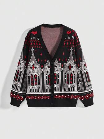 Goth Damen Lässig Geometrisches Muster Strickjacke, Herbst/Winter